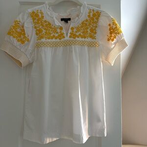 J. Crew White Short Sleeve Peasant Top with Yellow Floral Embroidery